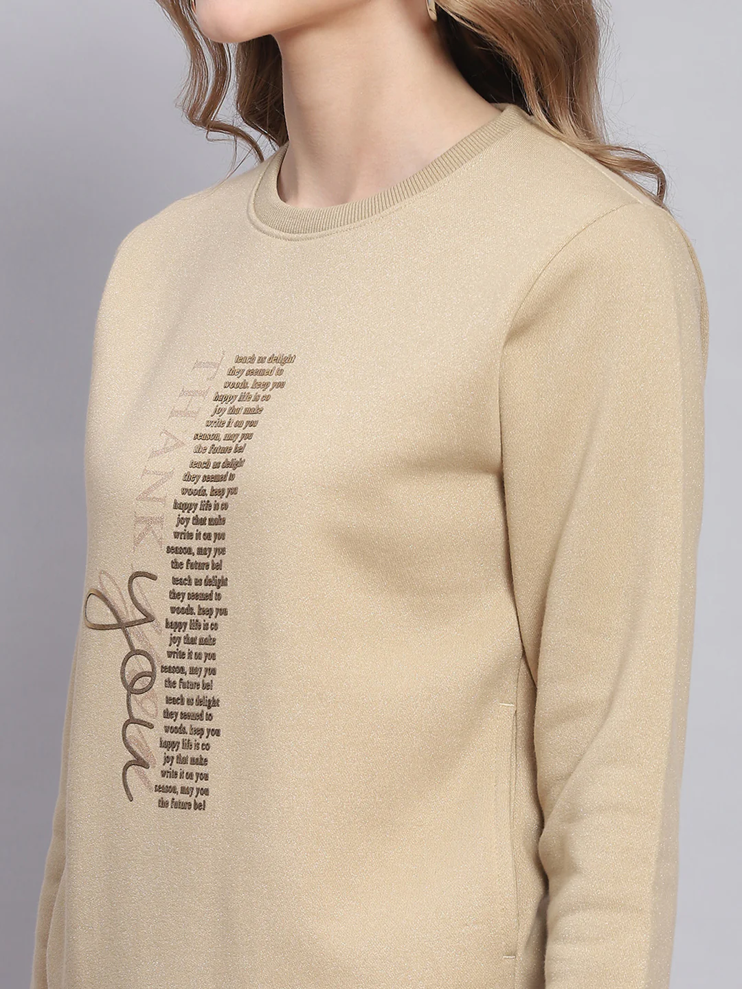 Women Khaki Printed Round Neck Full Sleeve Sweatshirts - Image 6