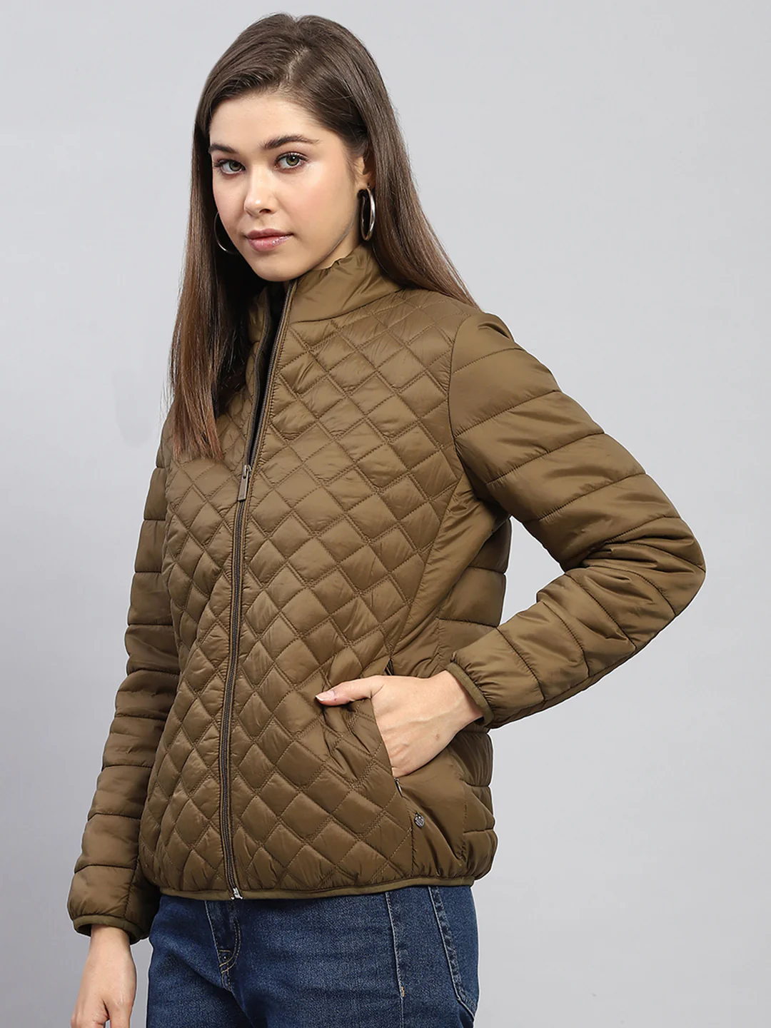 Women Khaki Self Design Mock Neck Full Sleeve Jacket - Image 3