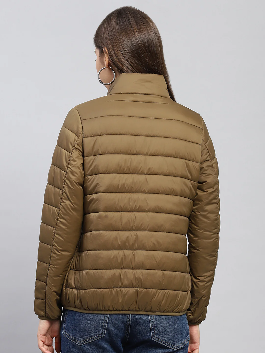 Women Khaki Self Design Mock Neck Full Sleeve Jacket - Image 5