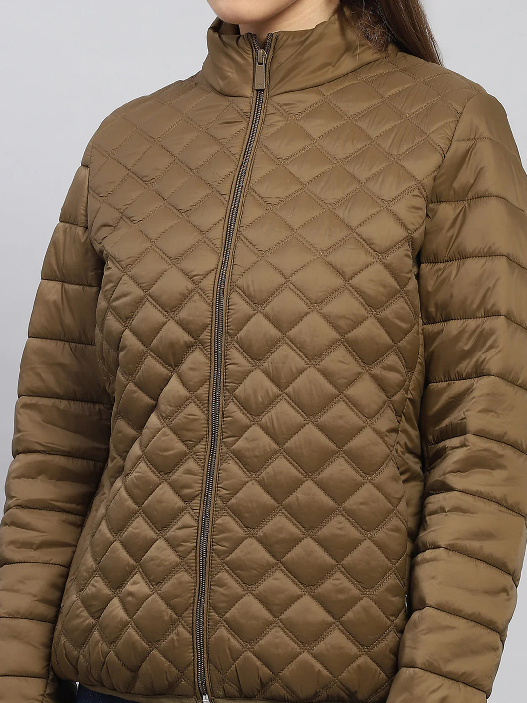 Women Khaki Self Design Mock Neck Full Sleeve Jacket - Image 7