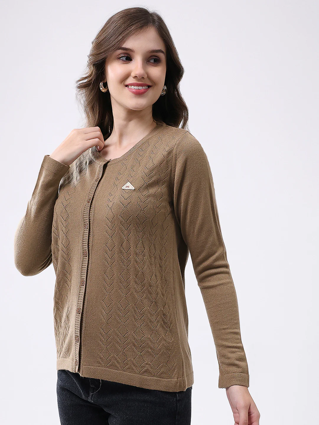 Women Khaki Self Design Round Neck Full Sleeve Cardigan - Image 3
