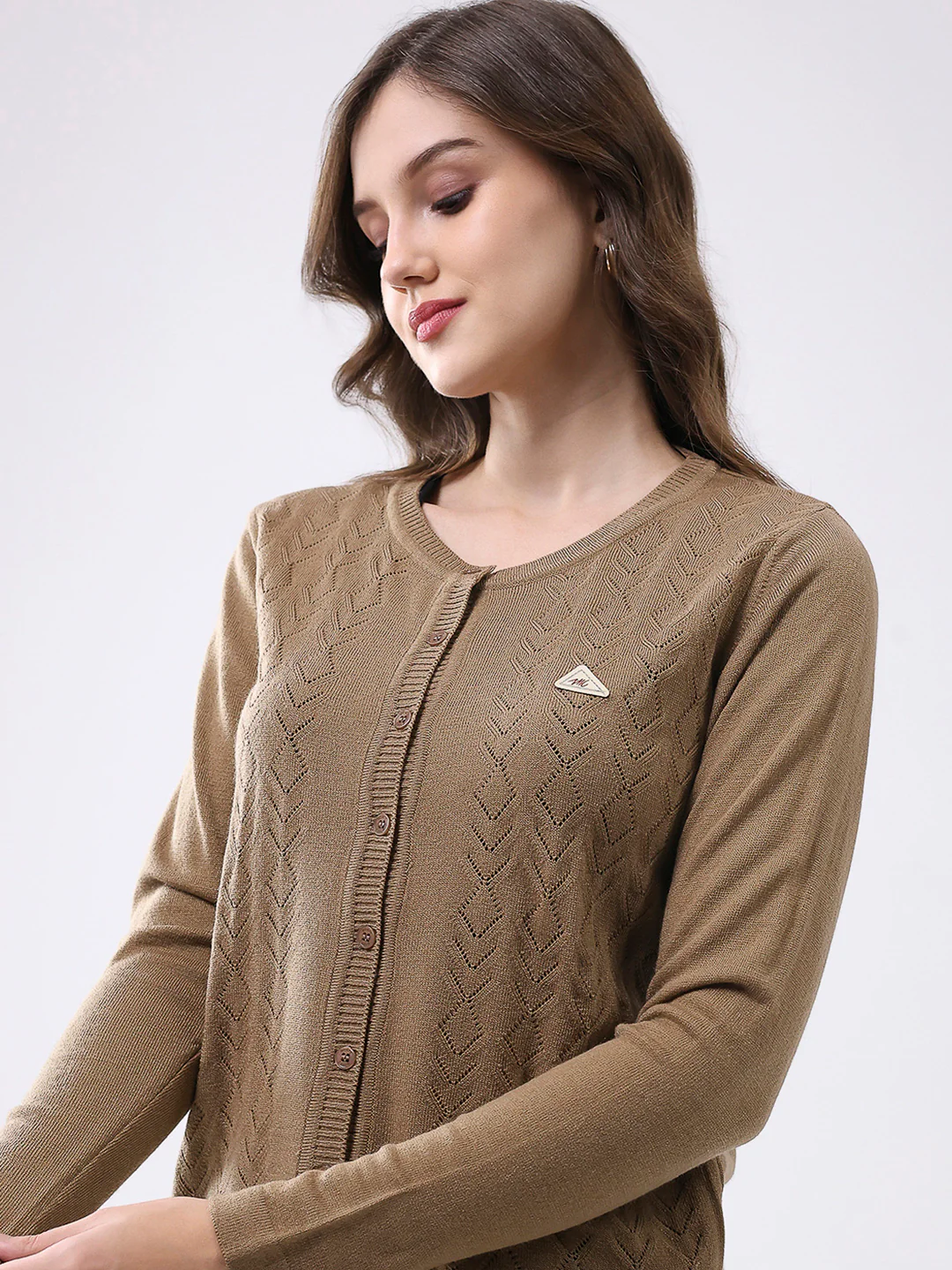 Women Khaki Self Design Round Neck Full Sleeve Cardigan - Image 7