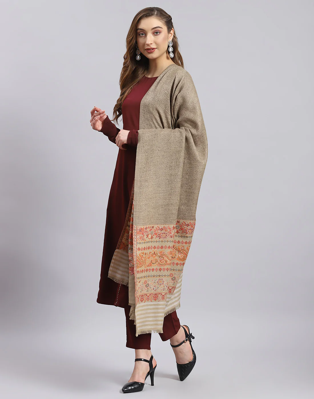Women Khaki Self Design Shawl - Image 4