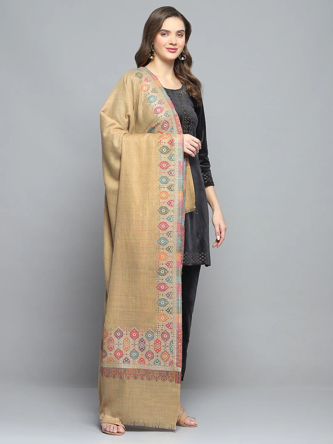 Women Khaki Self Design Shawl - Image 4