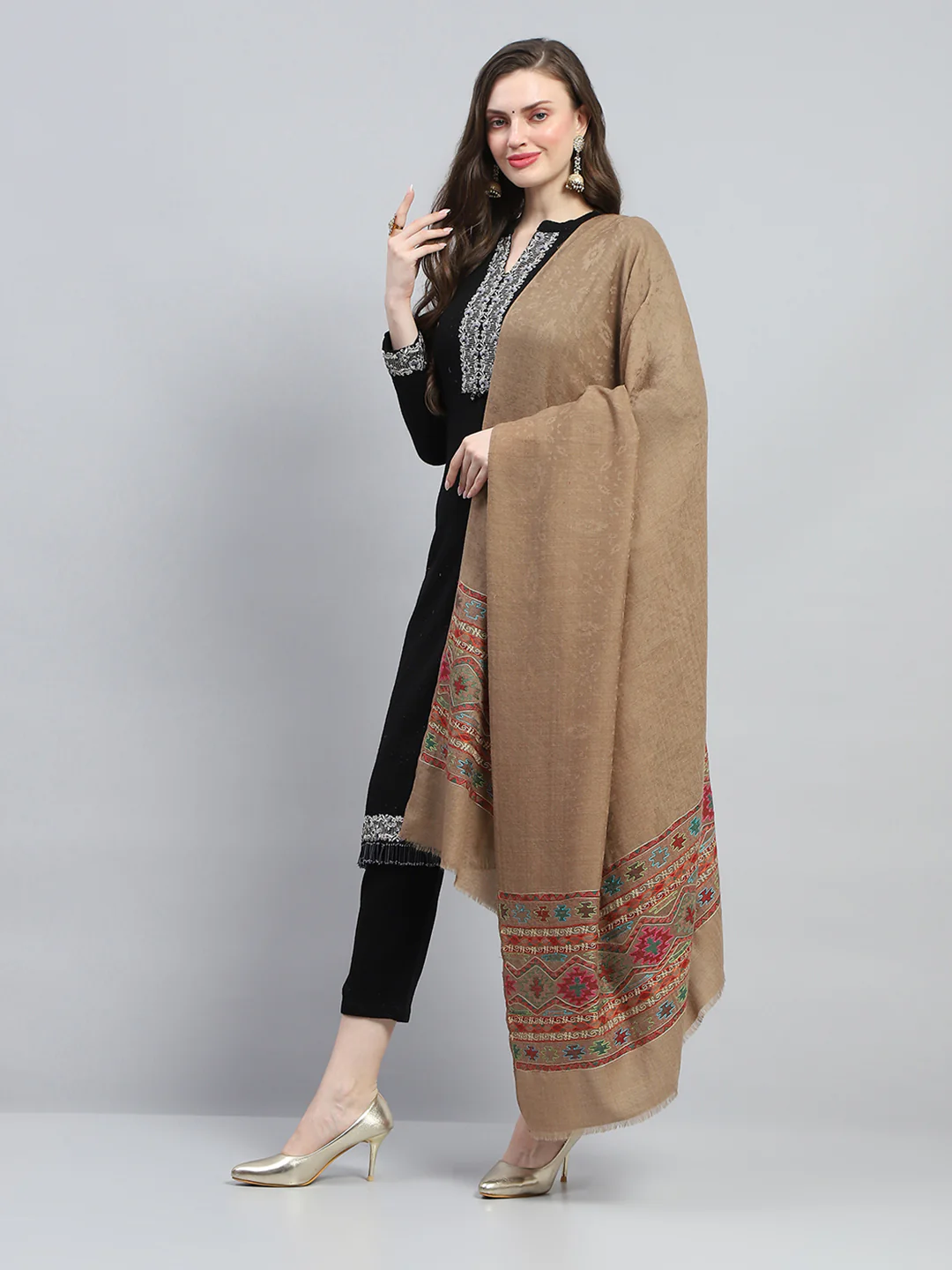 Women Khaki Self Design Shawl - Image 3