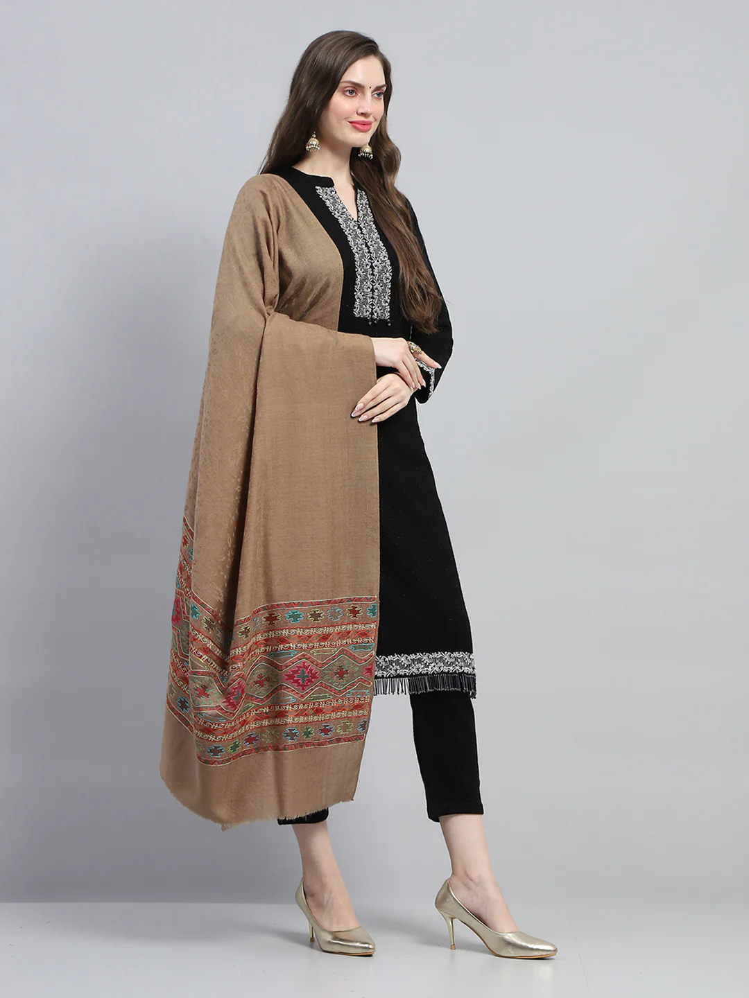 Women Khaki Self Design Shawl - Image 4