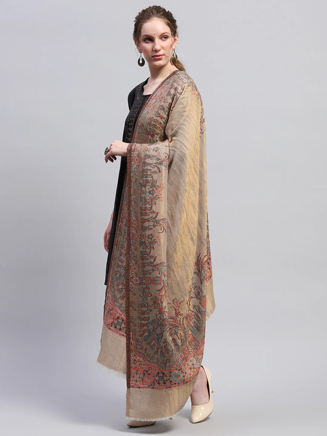 Women Khaki Self Design Shawl - Image 3