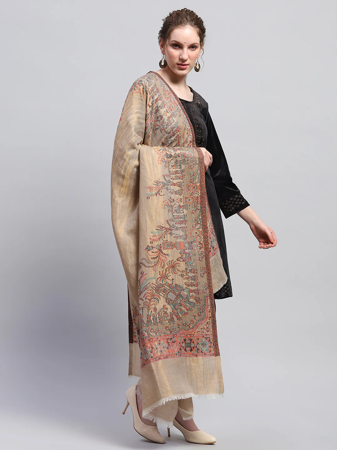 Women Khaki Self Design Shawl - Image 4