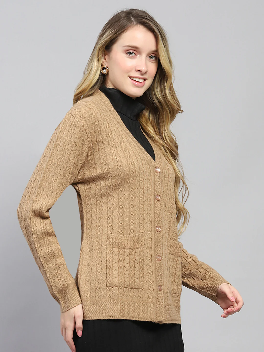 Women Khaki Self Design V Neck Full Sleeve Cardigan - Image 4