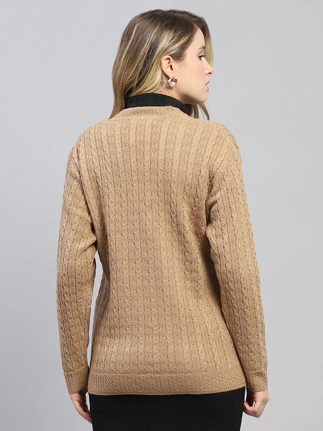 Women Khaki Self Design V Neck Full Sleeve Cardigan - Image 5