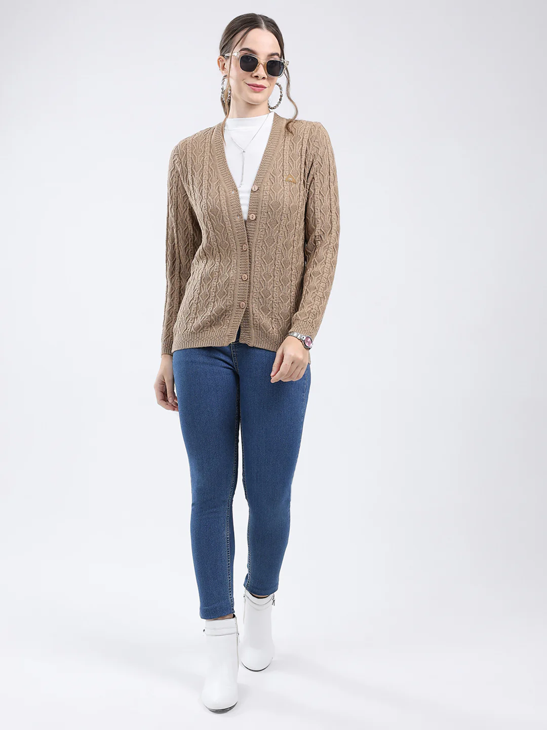 Women Khaki Self Design V Neck Full Sleeve Cardigan - Image 2