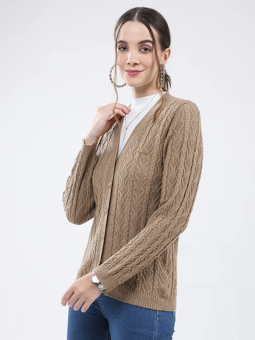 Women Khaki Self Design V Neck Full Sleeve Cardigan - Image 3