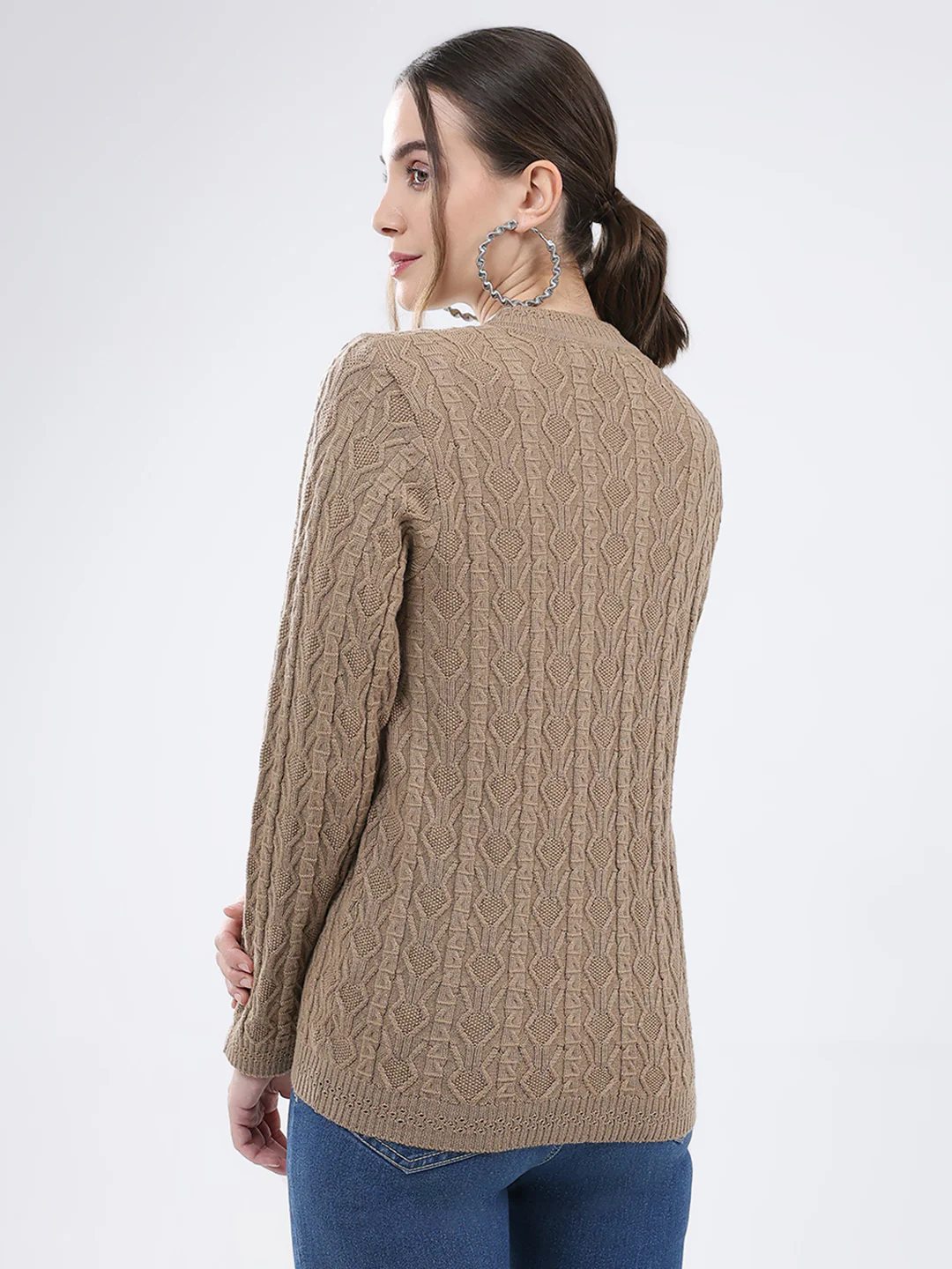 Women Khaki Self Design V Neck Full Sleeve Cardigan - Image 5