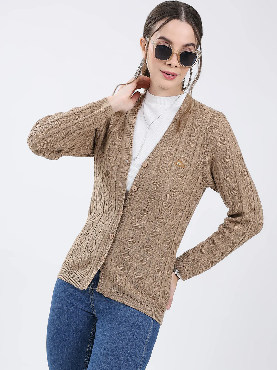 Women Khaki Self Design V Neck Full Sleeve Cardigan - Image 6