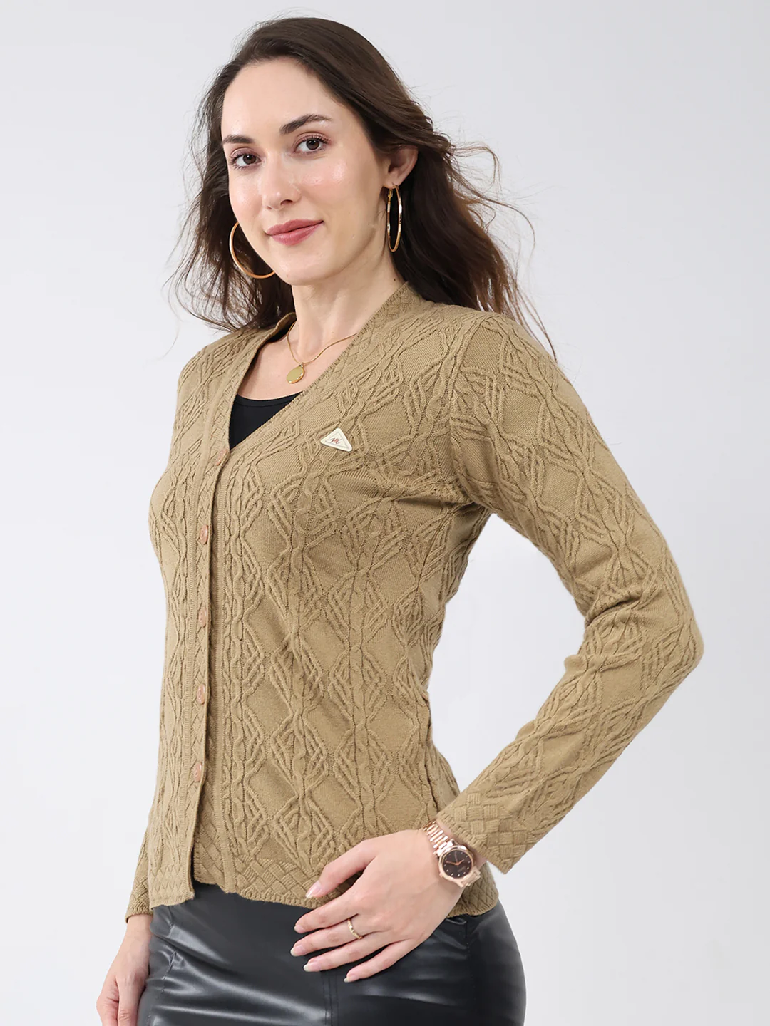 Women Khaki Self Design V Neck Full Sleeve Cardigan - Image 3