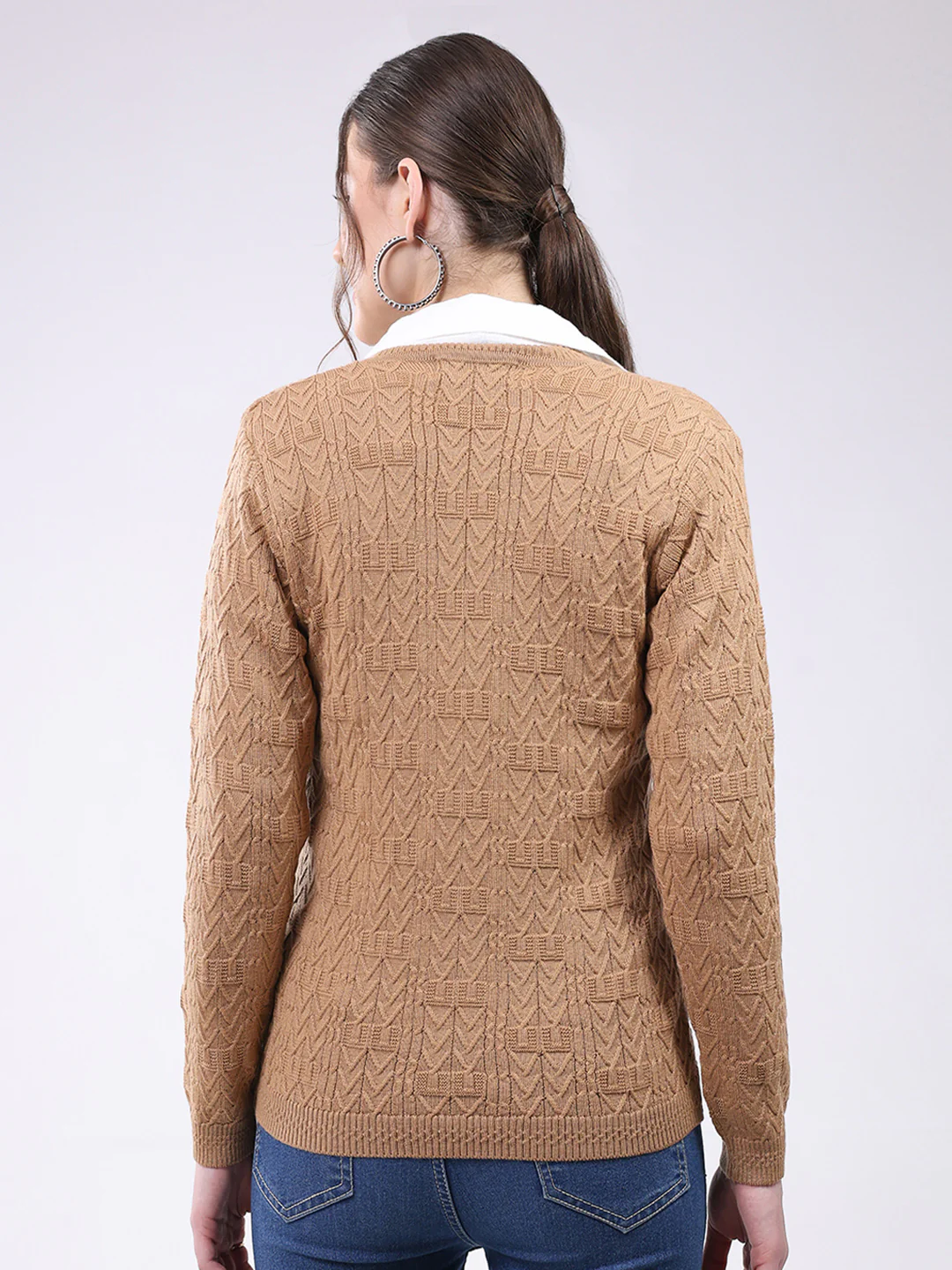 Women Khaki Self Design V Neck Full Sleeve Cardigan - Image 5