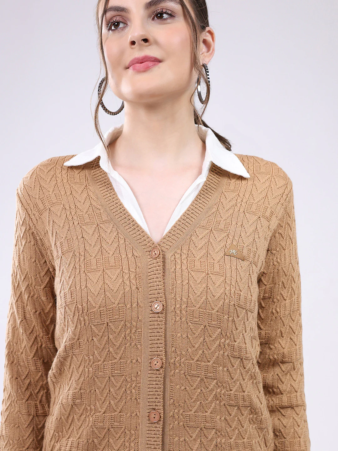 Women Khaki Self Design V Neck Full Sleeve Cardigan - Image 7