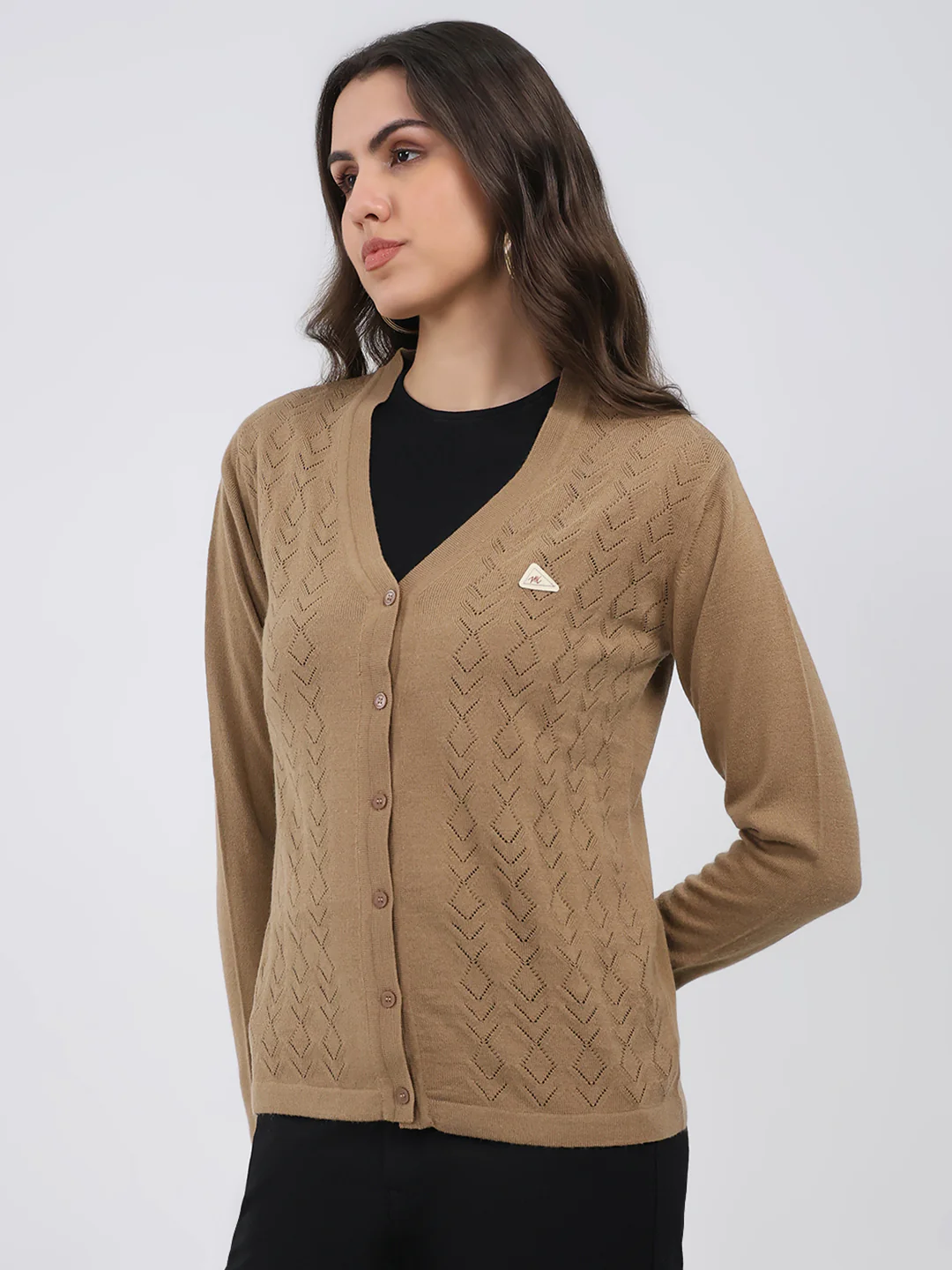Women Khaki Self Design V Neck Full Sleeve Cardigan - Image 3