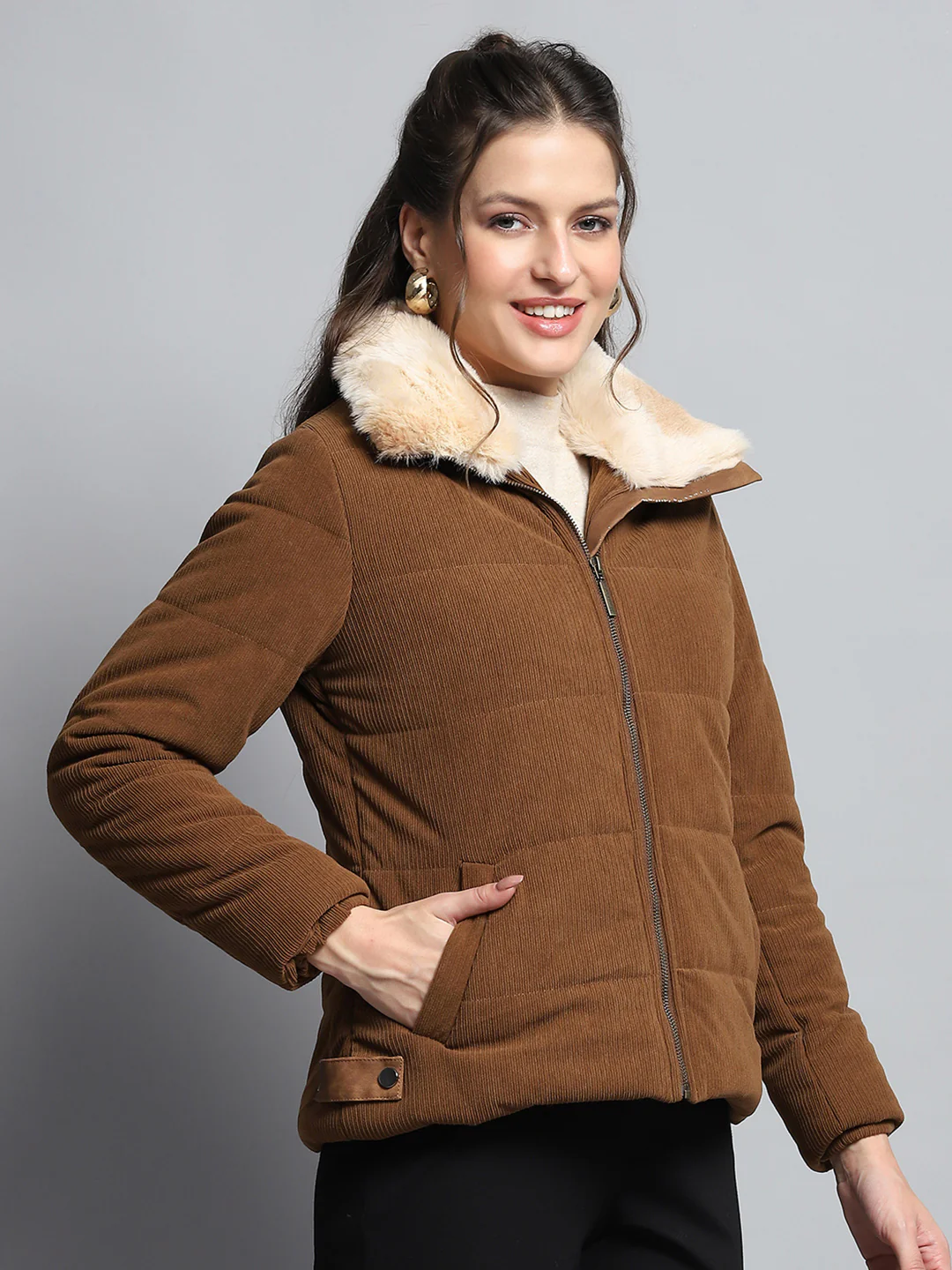 Women Khaki Solid Collar Full Sleeve Jacket - Image 4