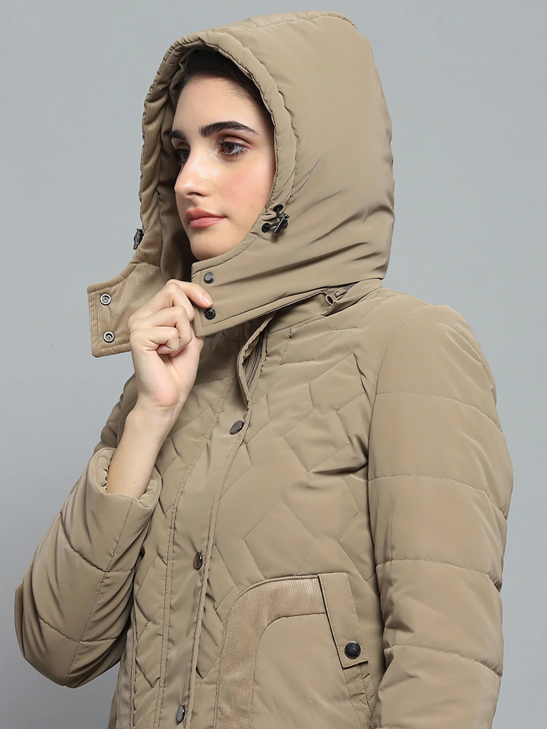 Women Khaki Solid Detachable Hood Full Sleeve Jacket - Image 7