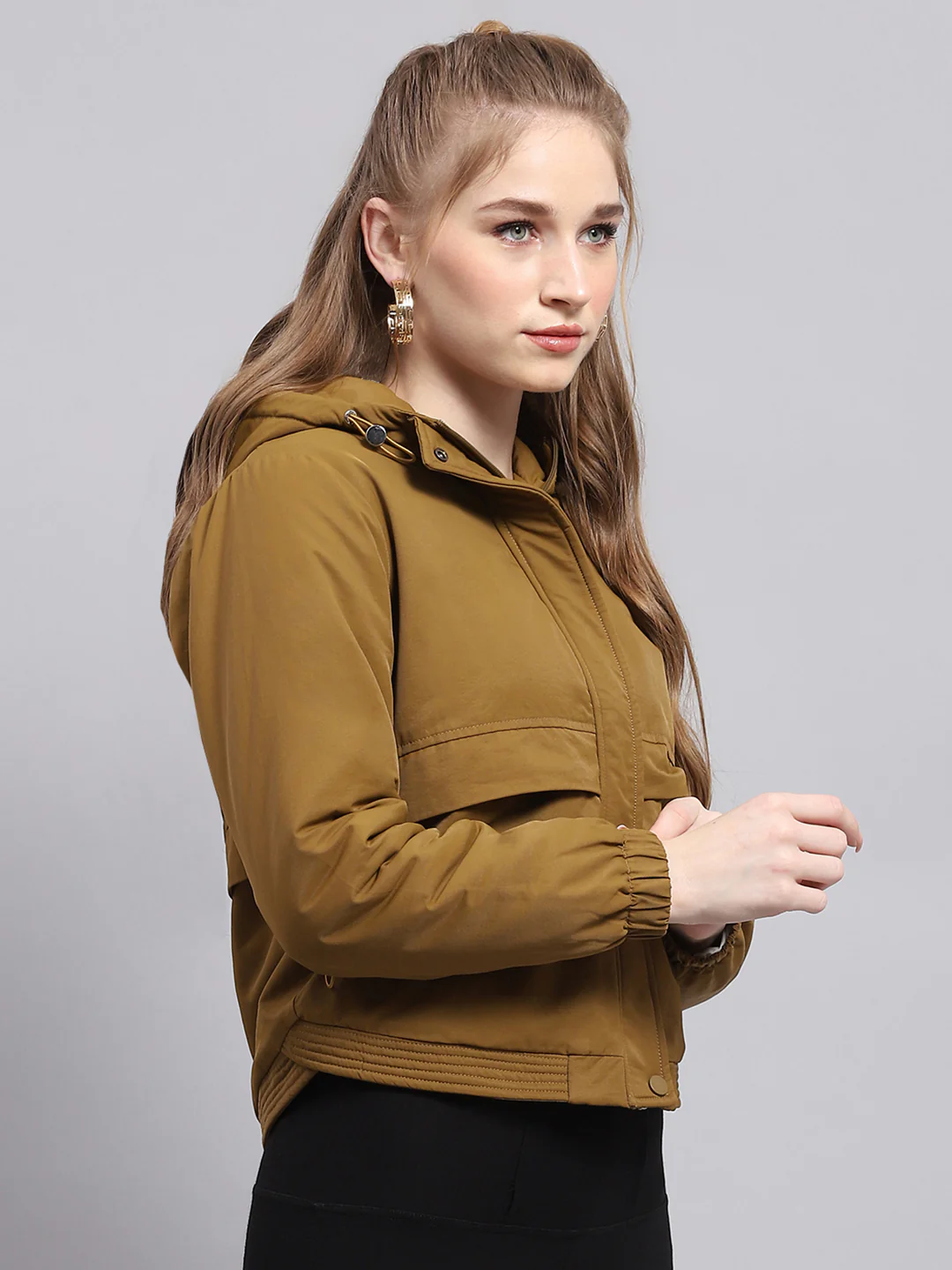 Women Khaki Solid Hooded Full Sleeve Jacket - Image 4