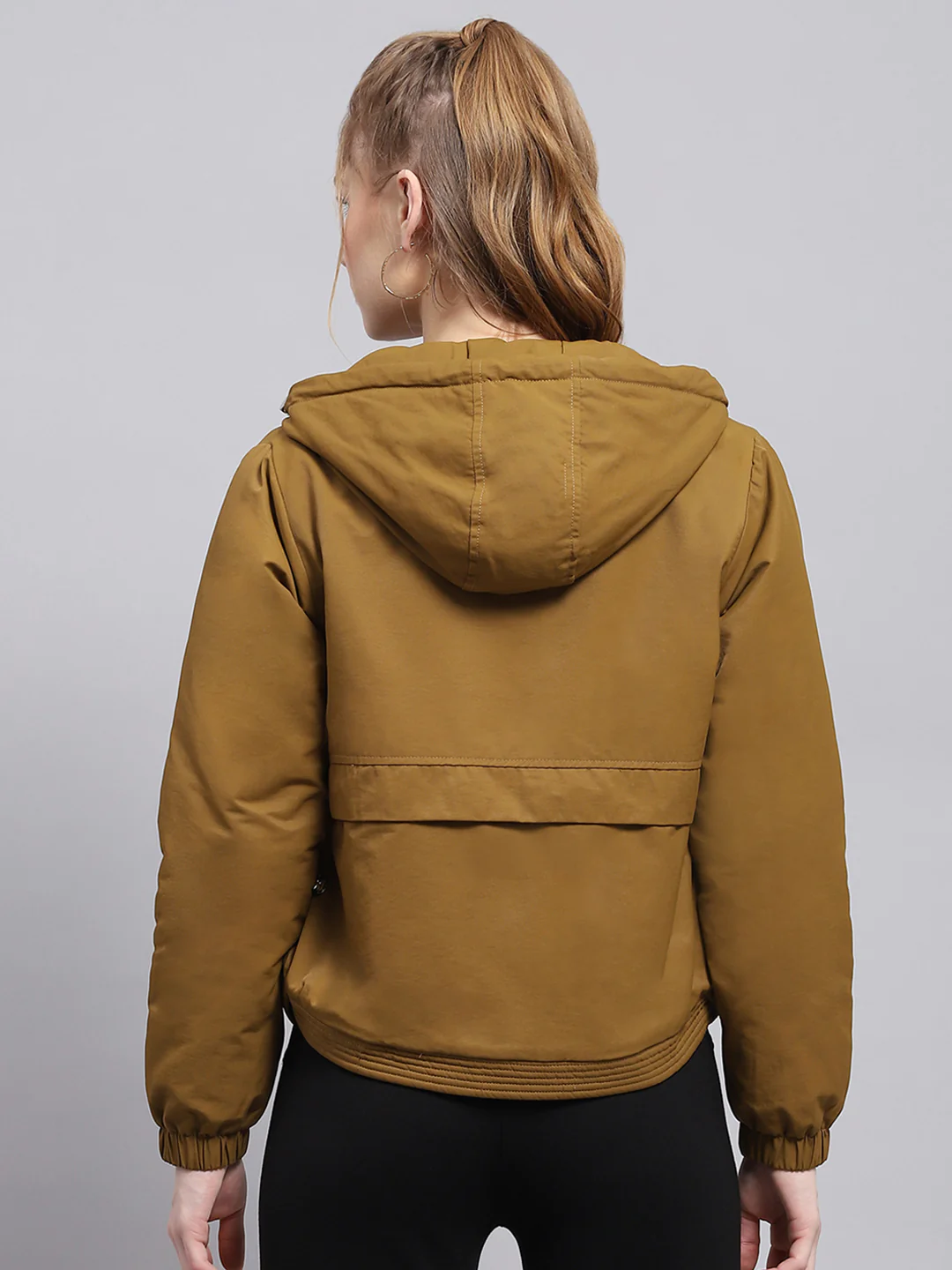 Women Khaki Solid Hooded Full Sleeve Jacket - Image 5