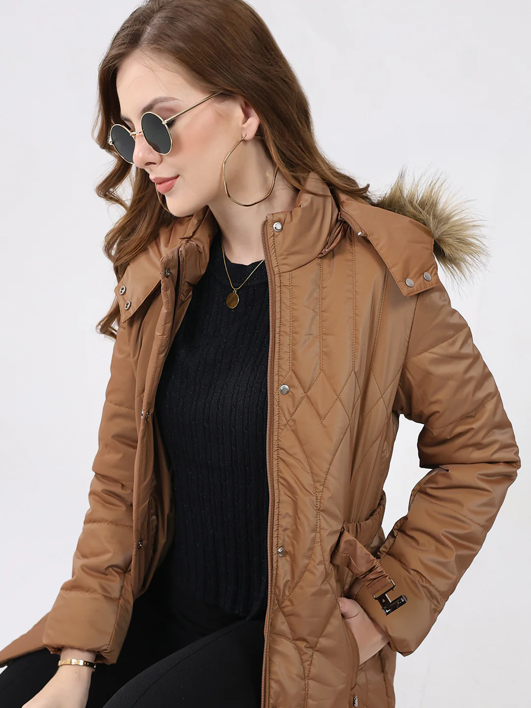 Women Khaki Solid Hooded Full Sleeve Jacket - Image 6