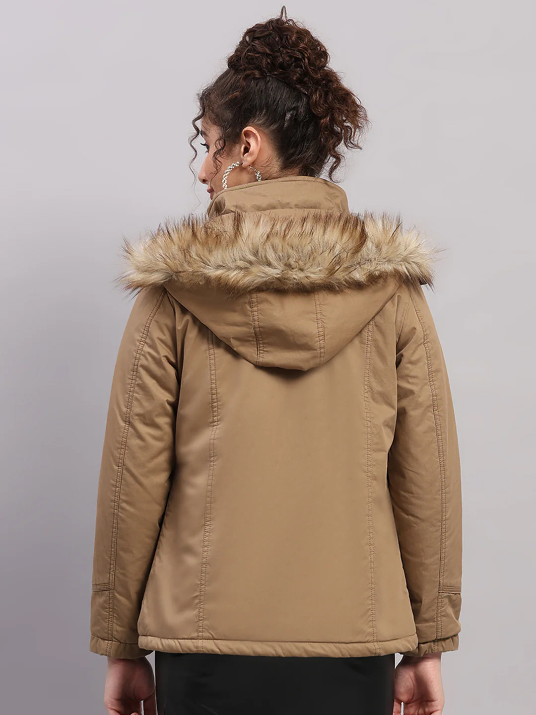 Women Khaki Solid Hooded Full Sleeve Jacket - Image 5