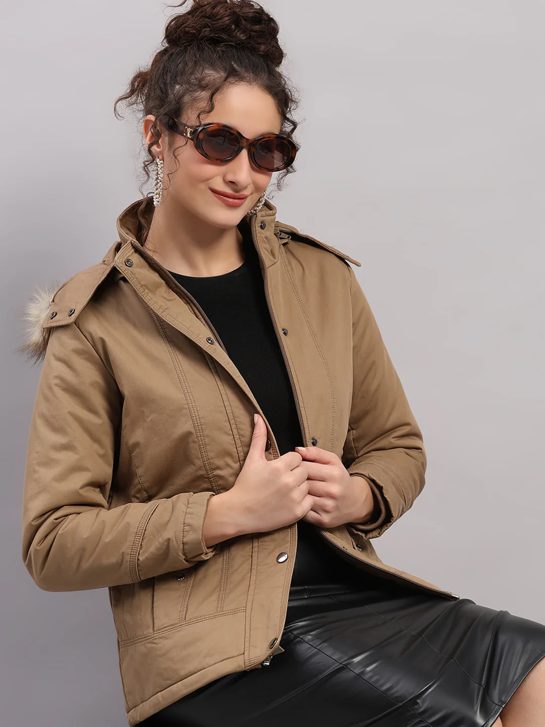 Women Khaki Solid Hooded Full Sleeve Jacket - Image 6