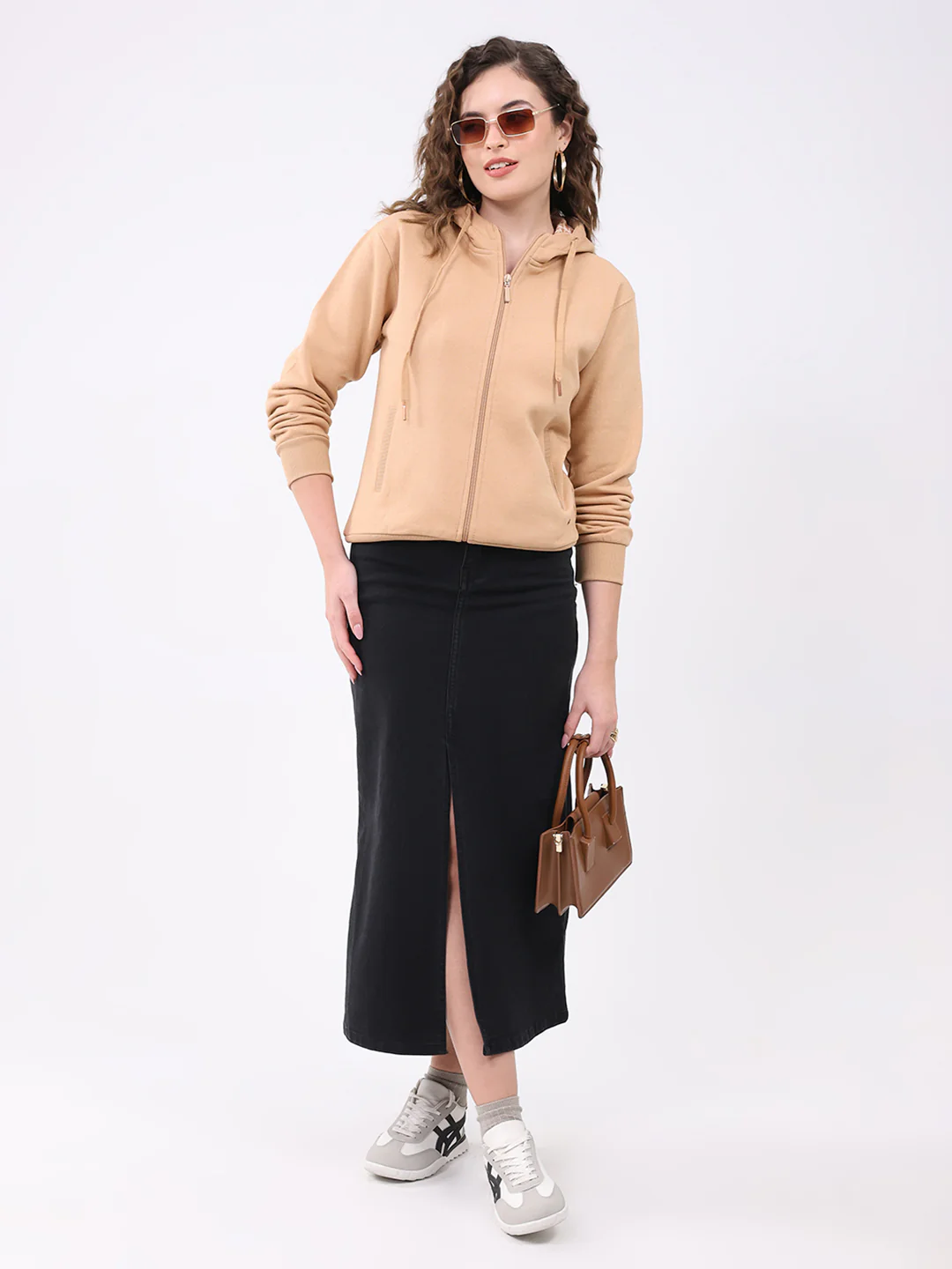 Women Khaki Solid Hooded Full Sleeve Sweatshirt - Image 2