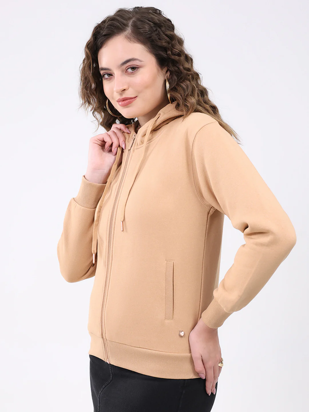Women Khaki Solid Hooded Full Sleeve Sweatshirt - Image 3
