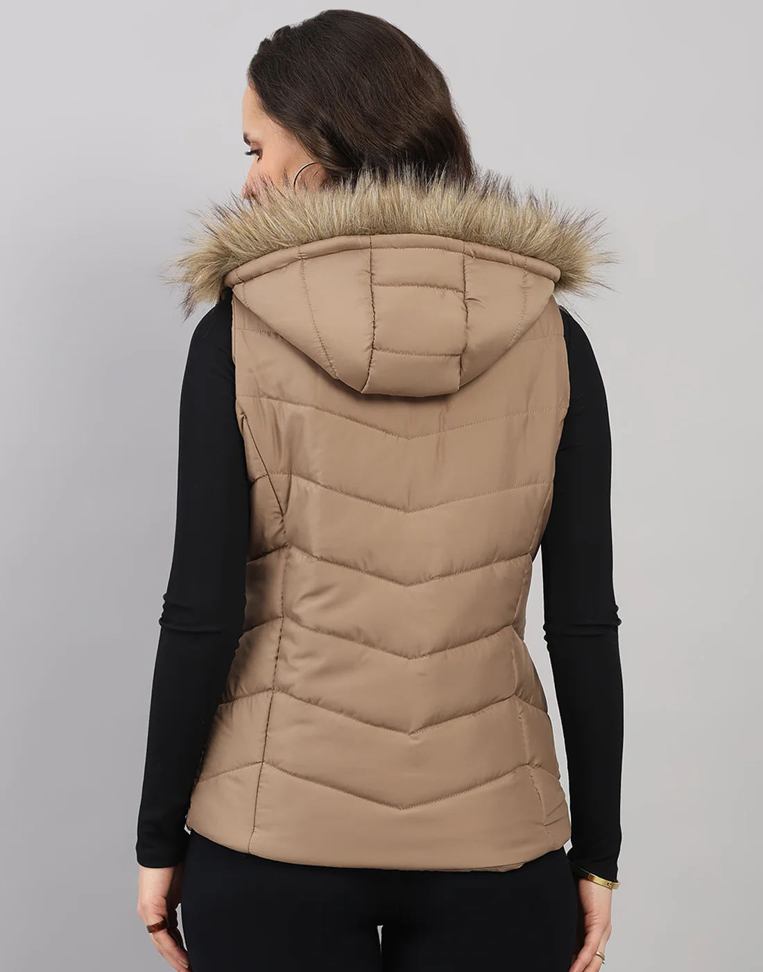 Women Khaki Solid Hooded Sleeveless Jacket - Image 4