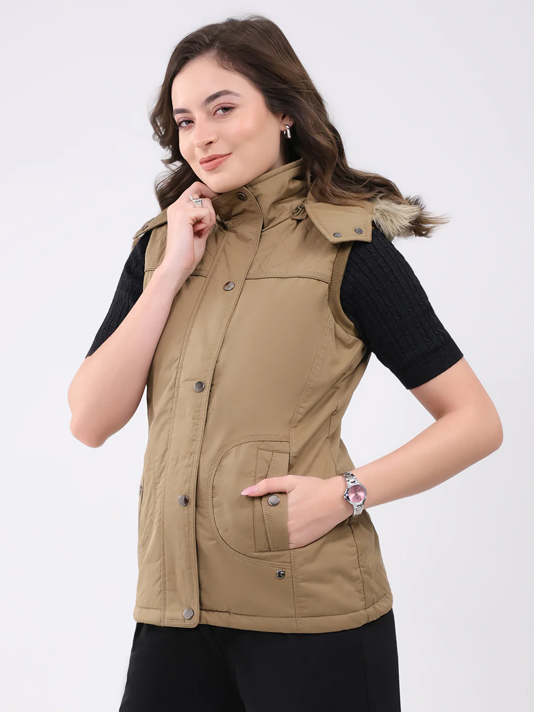 Women Khaki Solid Hooded Sleeveless Jacket - Image 3
