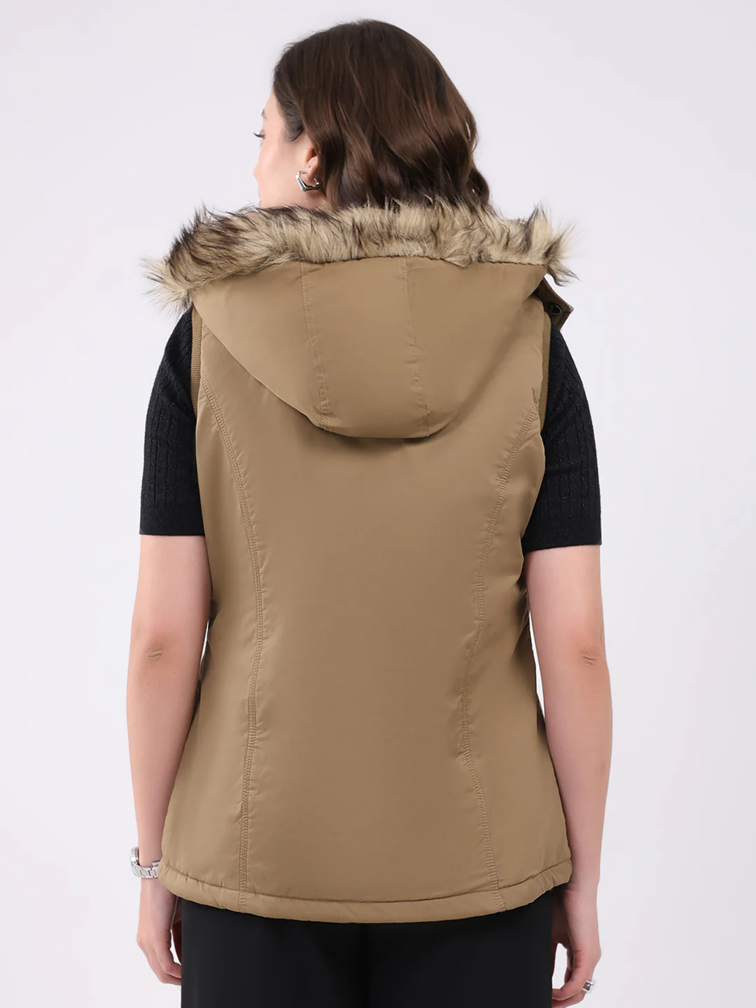 Women Khaki Solid Hooded Sleeveless Jacket - Image 5