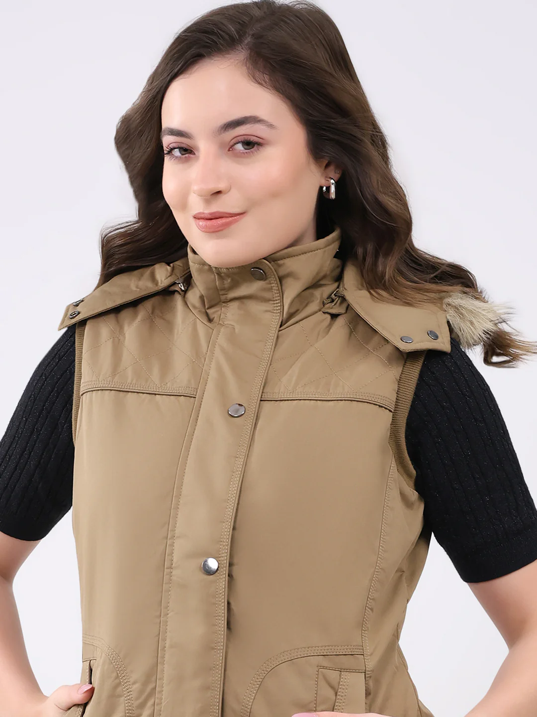 Women Khaki Solid Hooded Sleeveless Jacket - Image 6