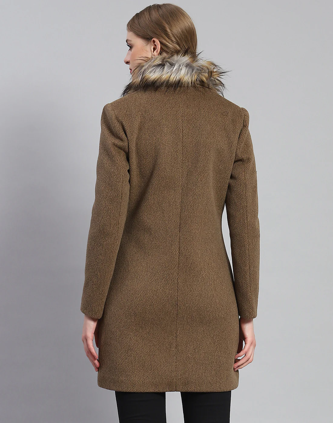 Women Khaki Solid Lapel Collar Full Sleeve Coat - Image 6