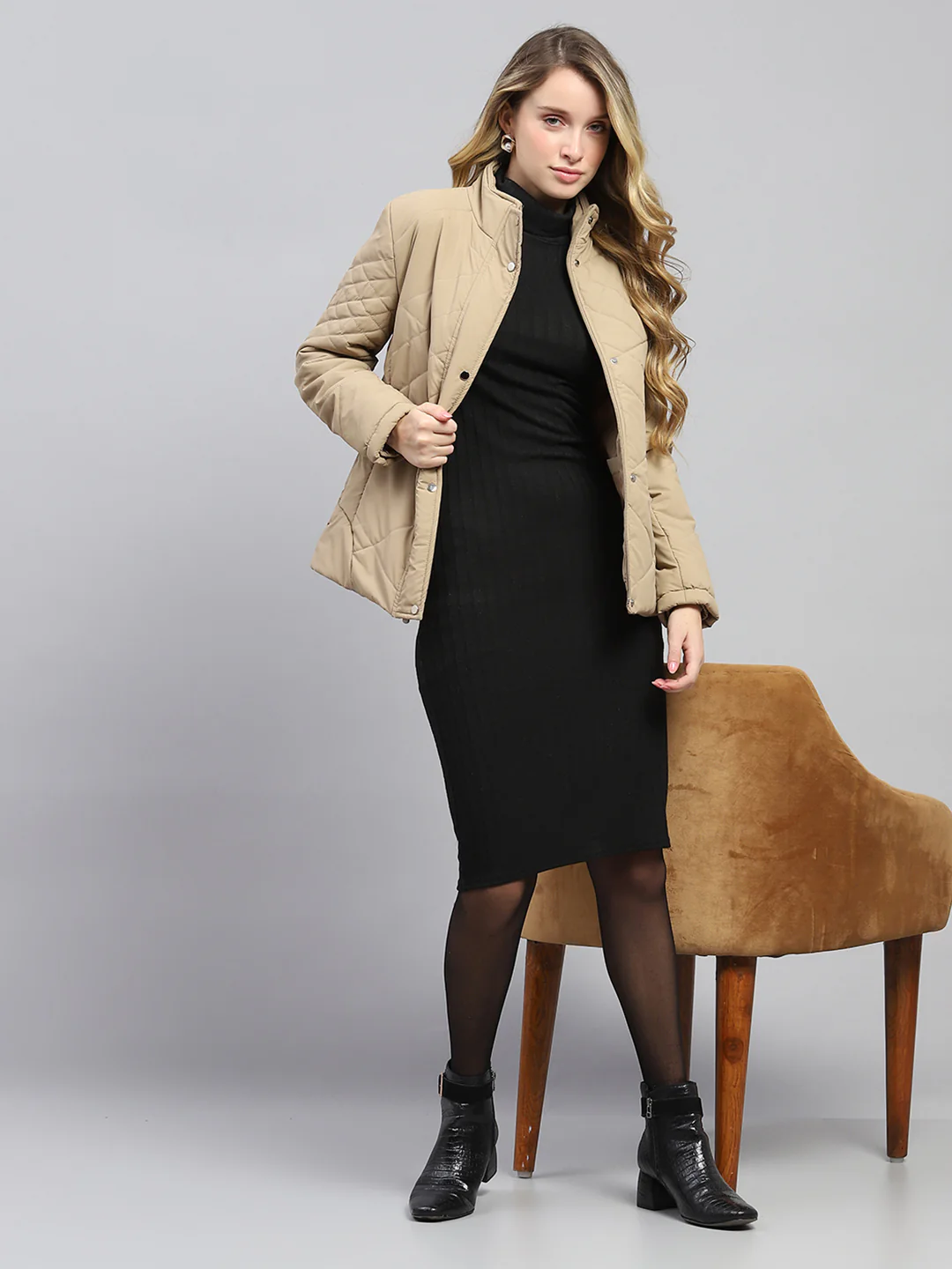 Women Khaki Solid Mock Neck Full Sleeve Jacket - Image 2