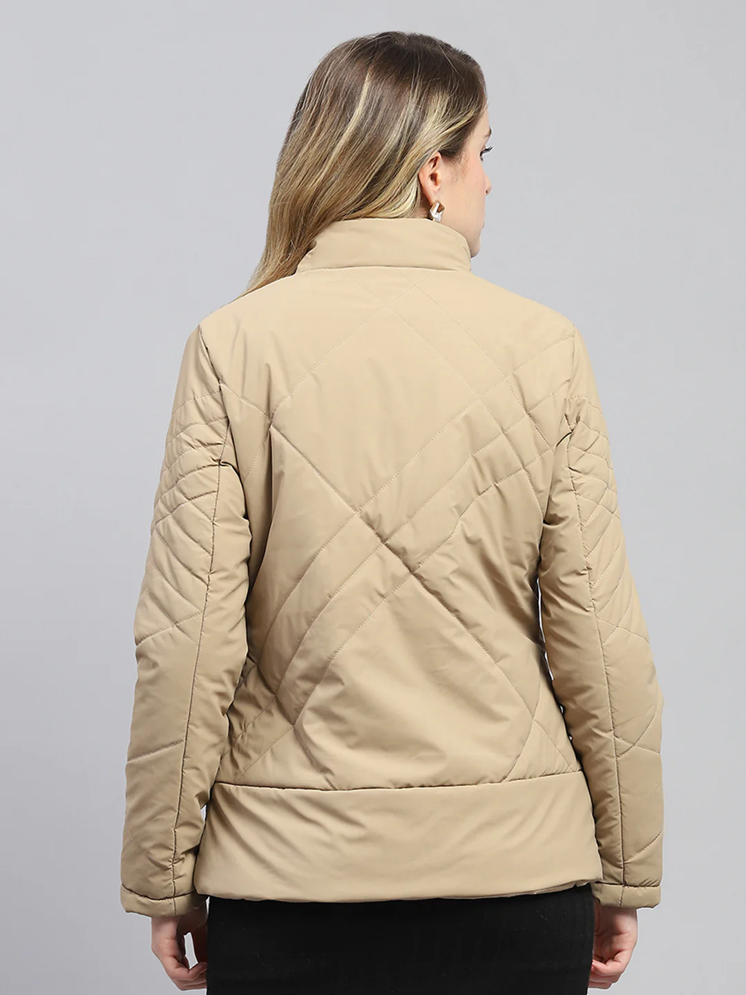 Women Khaki Solid Mock Neck Full Sleeve Jacket - Image 5