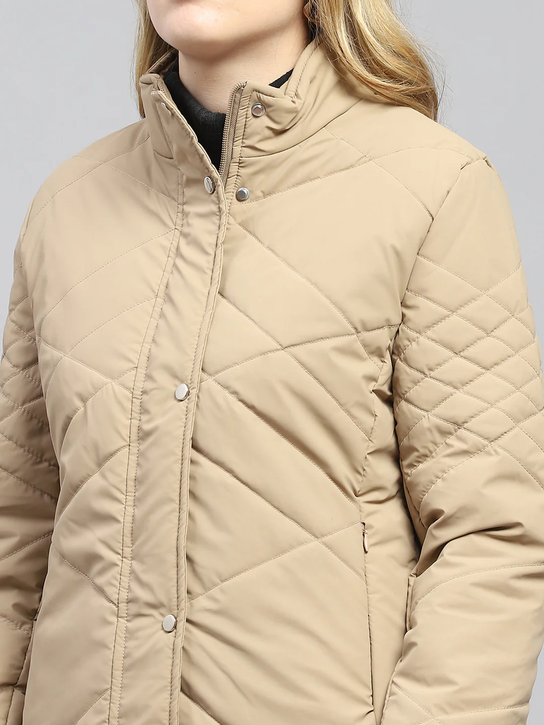Women Khaki Solid Mock Neck Full Sleeve Jacket - Image 7