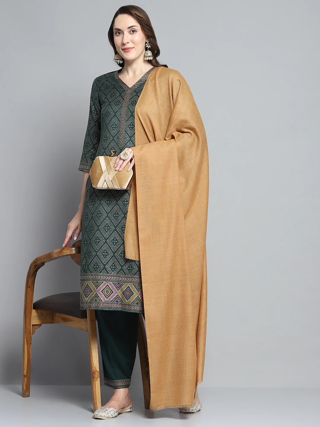 Women Khaki Solid Shawl - Image 2