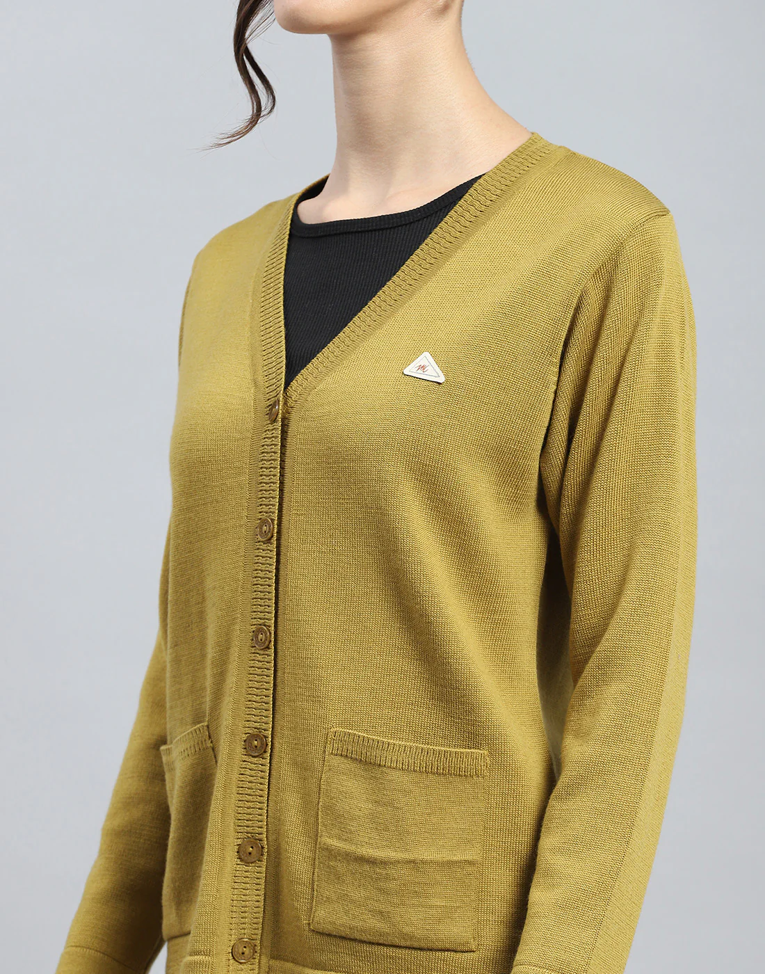 Women Khaki Solid V Neck Full Sleeve Cardigan - Image 7
