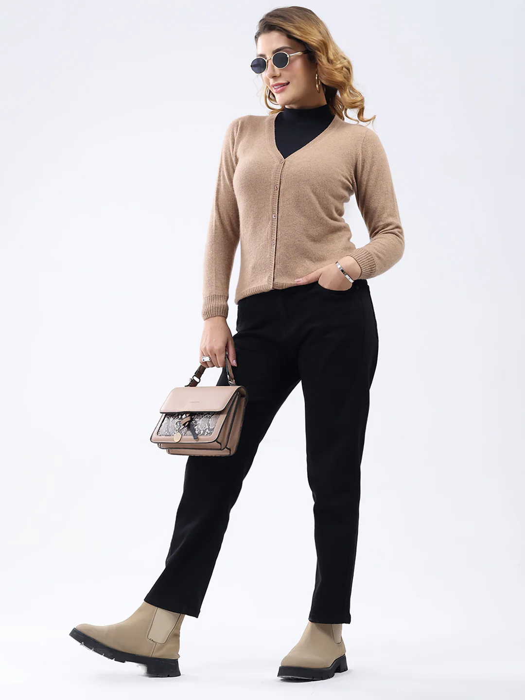 Women Khaki Solid V Neck Full Sleeve Cardigan - Image 2