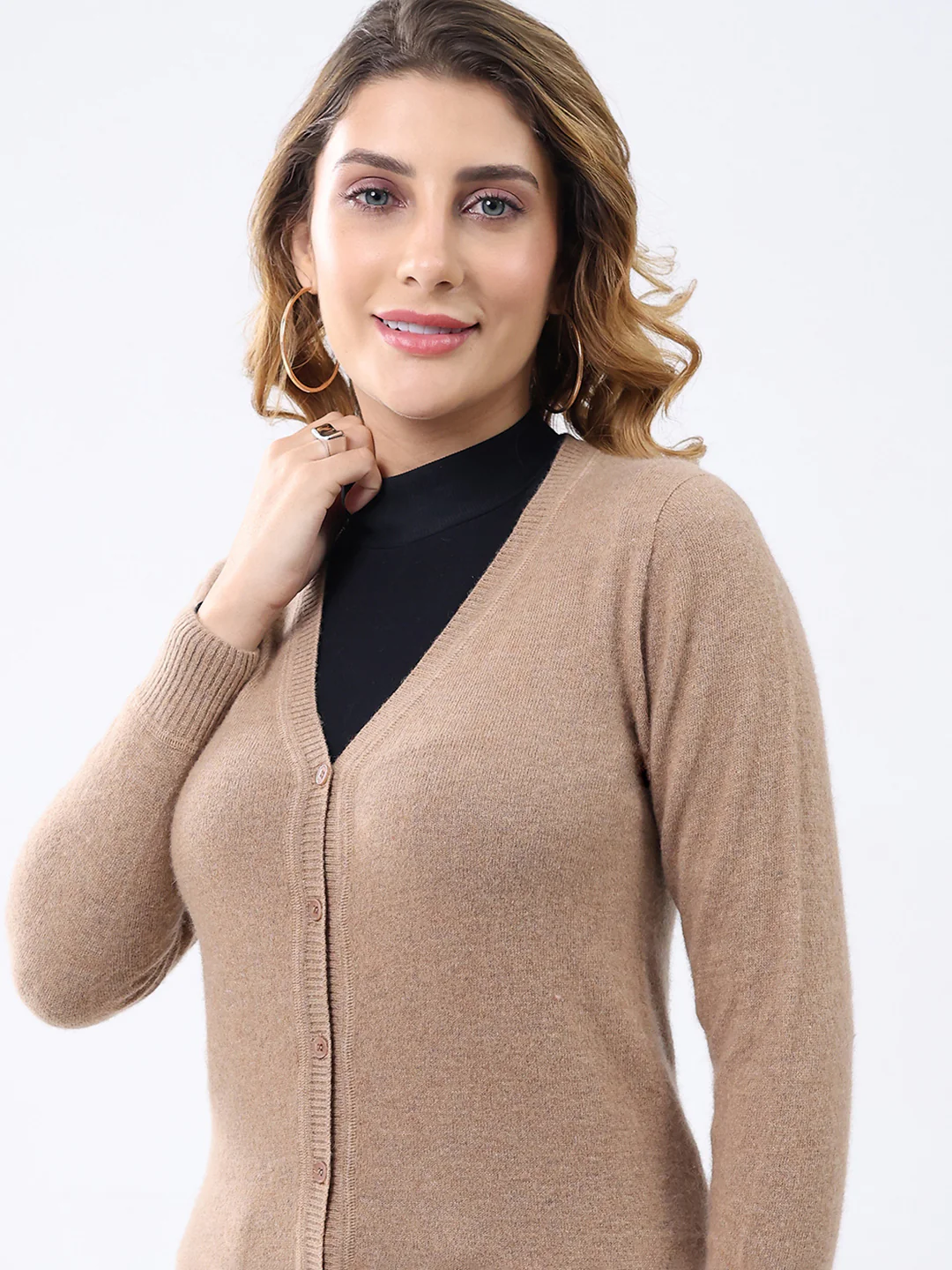 Women Khaki Solid V Neck Full Sleeve Cardigan - Image 7