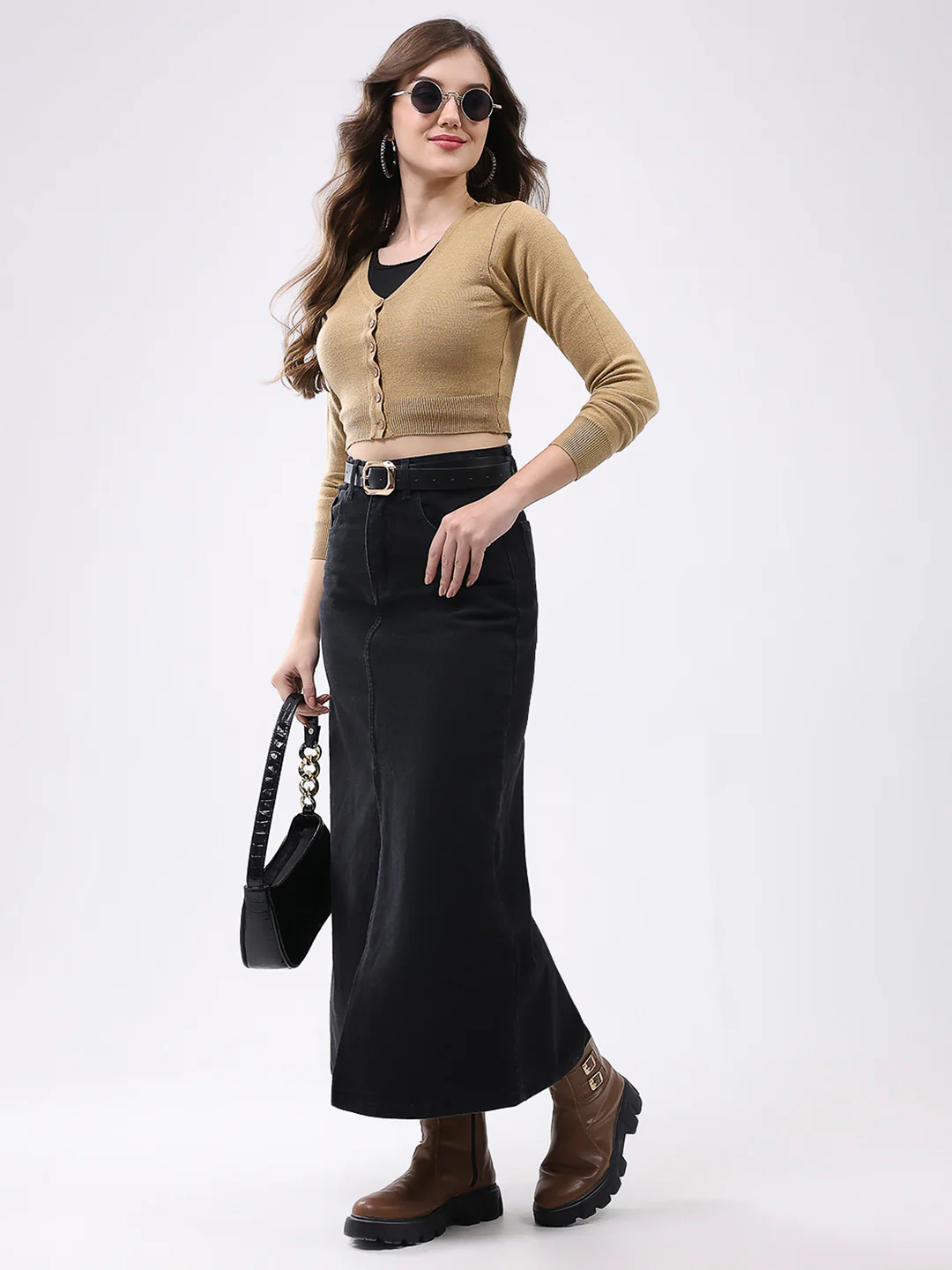 Women Khaki Solid V Neck Full Sleeve Cardigan - Image 2
