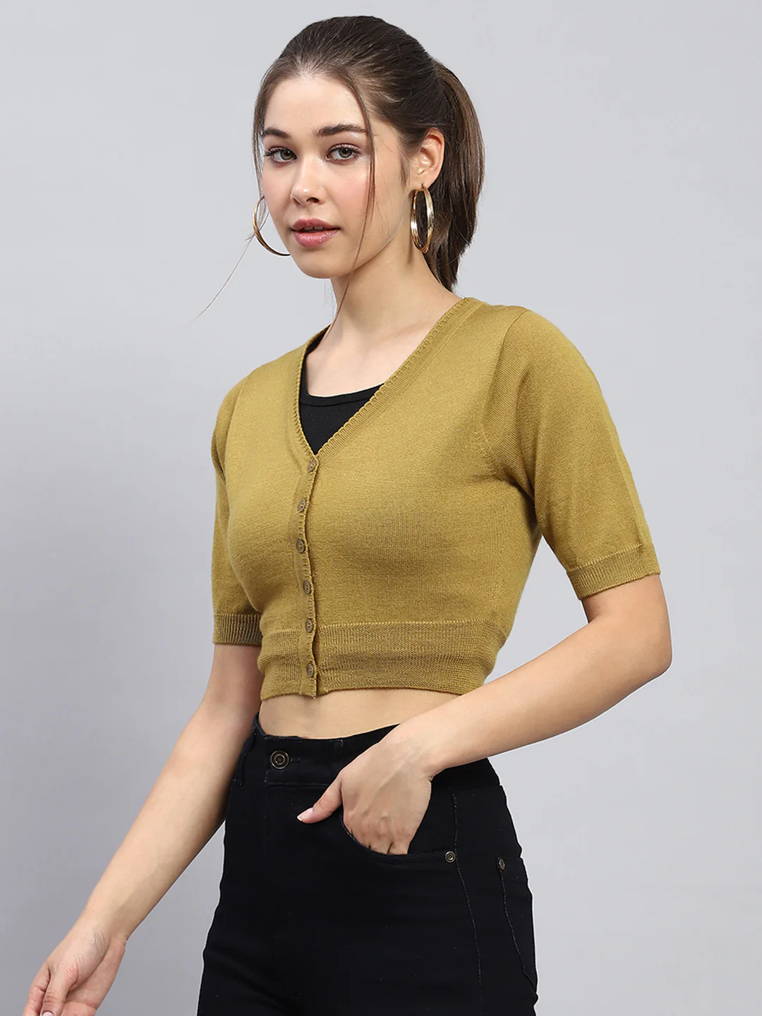 Women Khaki Solid V Neck Half Sleeve Blouse - Image 3