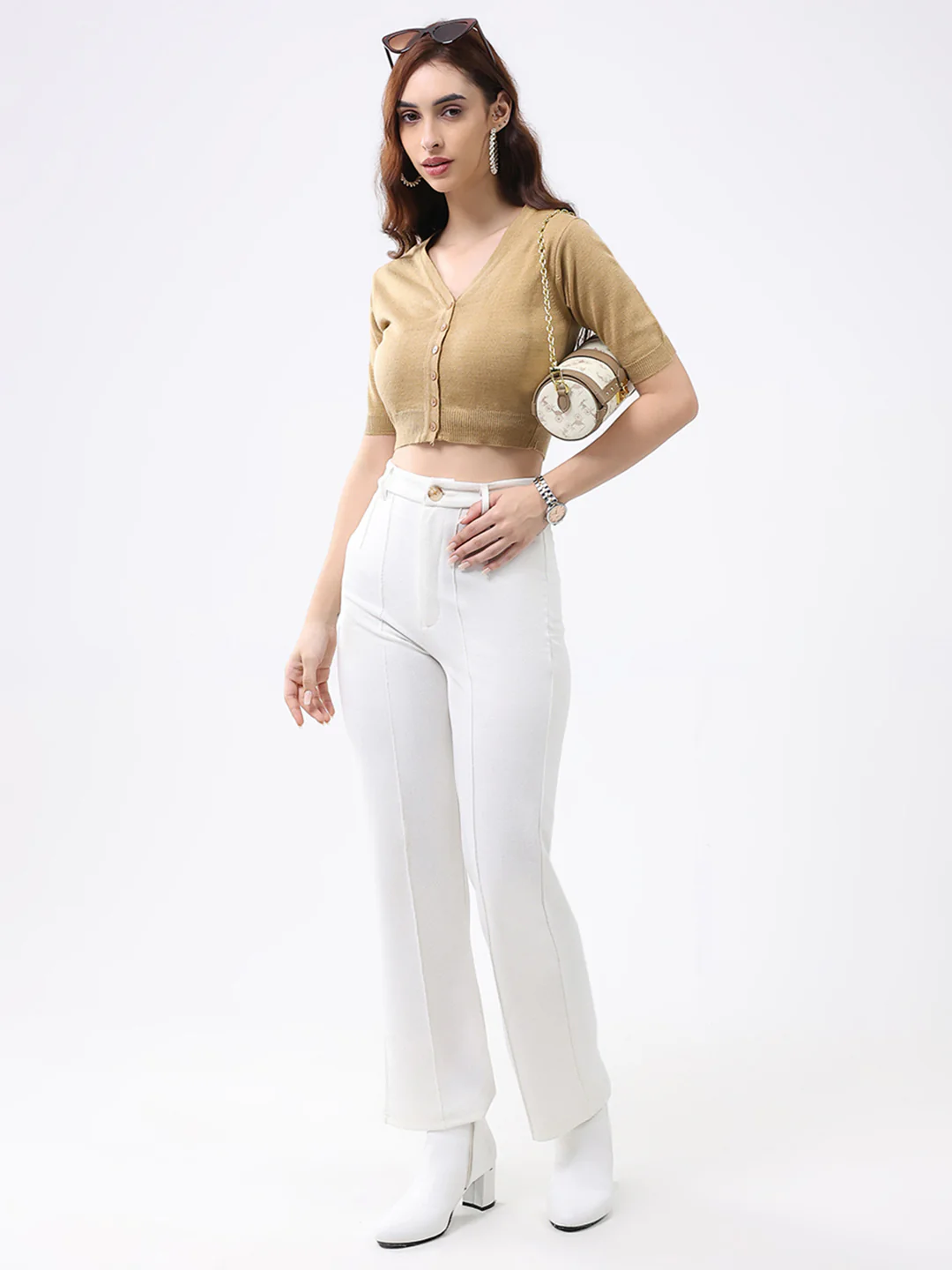 Women Khaki Solid V Neck Half Sleeve Cardigan - Image 2