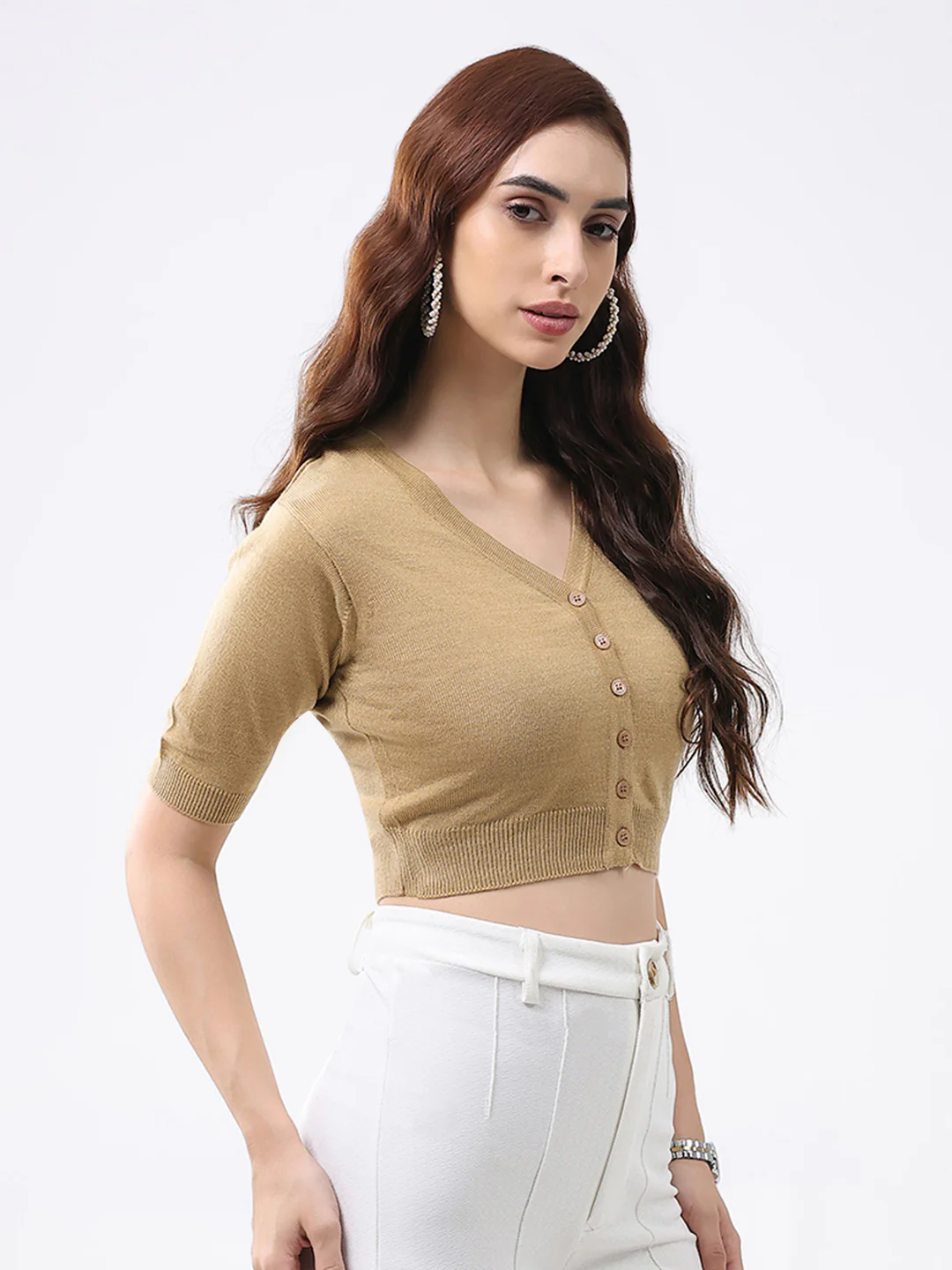 Women Khaki Solid V Neck Half Sleeve Cardigan - Image 4