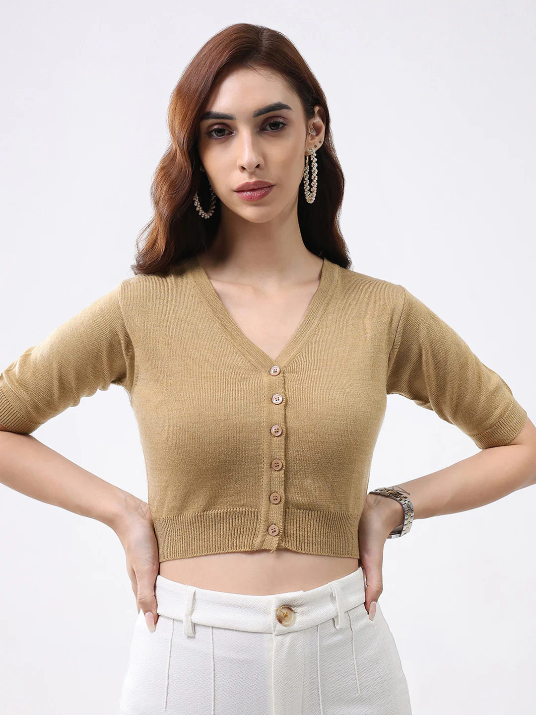 Women Khaki Solid V Neck Half Sleeve Cardigan - Image 6