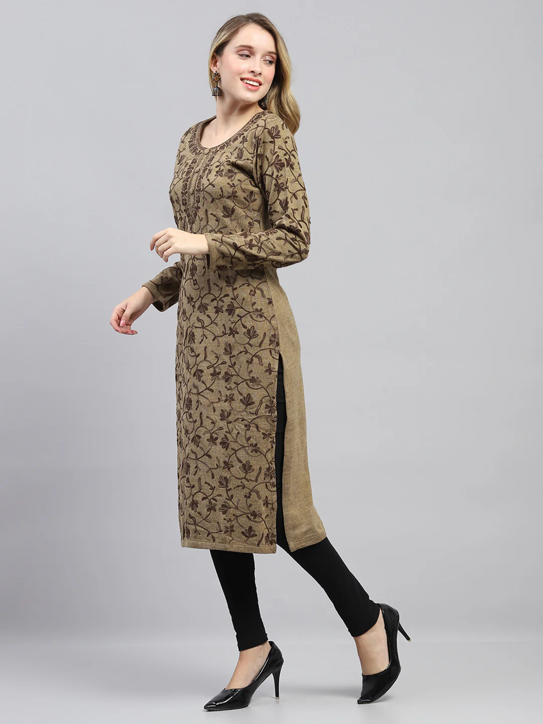 Women Beige Woven Design Round Neck Full Sleeve Winter Kurti - Image 3