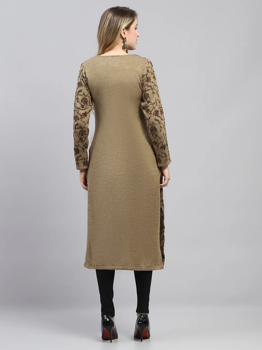 Women Beige Woven Design Round Neck Full Sleeve Winter Kurti - Image 5
